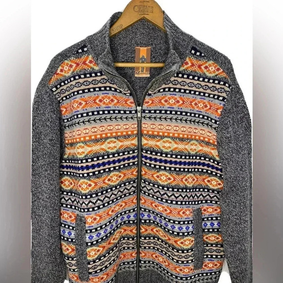 JOGGER 100% Wool Sweater Full Zip Mens Large Pockets Geometric Knit Collared - Picture 3 of 13